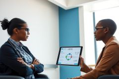 Two professionals discuss data displayed on a tablet in a modern office setting. The image features a blue wall and focuses on a business meeting or presentation.
