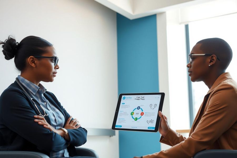 Two professionals discuss data displayed on a tablet in a modern office setting. The image features a blue wall and focuses on a business meeting or presentation.