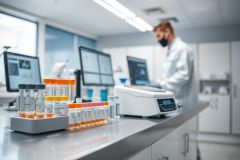 Laboratory scene featuring test tubes, scientific equipment, and a researcher in a lab coat. The modern lab has a clean, bright aesthetic with blue and white tones. Focus on medical research, analysis, and scientific testing.
