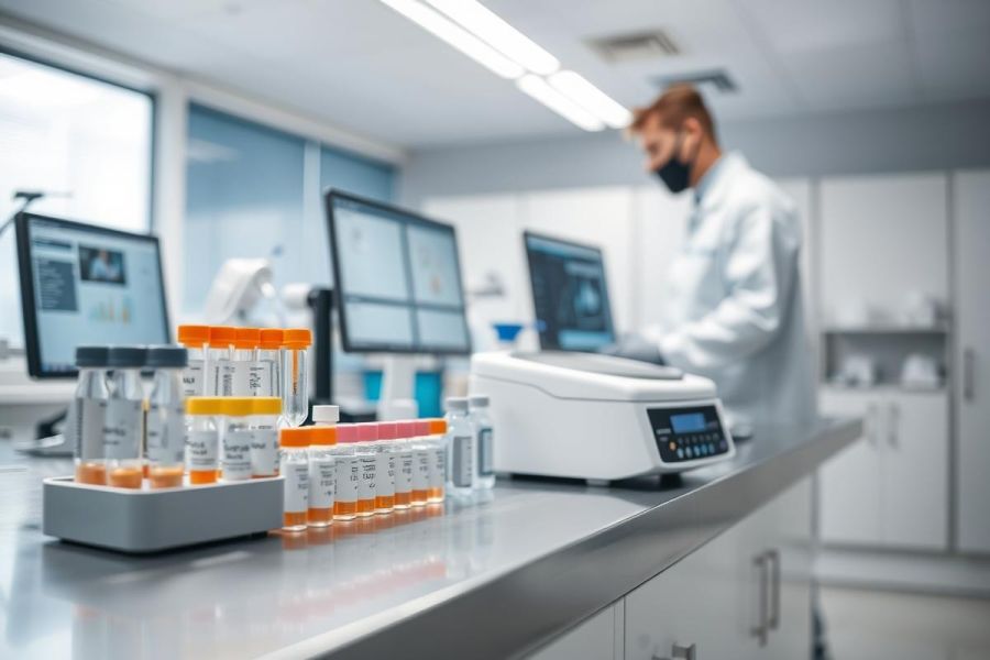Laboratory scene featuring test tubes, scientific equipment, and a researcher in a lab coat. The modern lab has a clean, bright aesthetic with blue and white tones. Focus on medical research, analysis, and scientific testing.