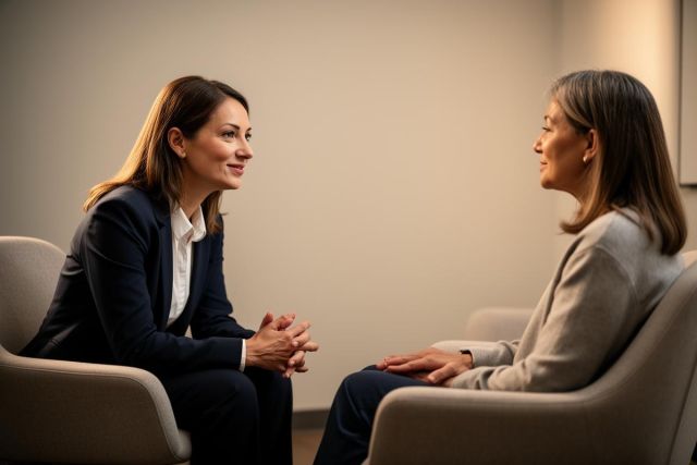 A clinician and a patient sit face-to-face in a calm consultation room, discussing care in a private setting.