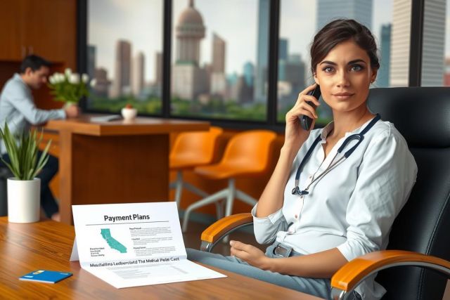 The image depicts a professional office environment with an adult woman seated at her desk, engrossed in paperwork. She is wearing a white blouse and has her hair styled neatly. The desk is well-organized with various items such as papers, a phone, and some office supplies.