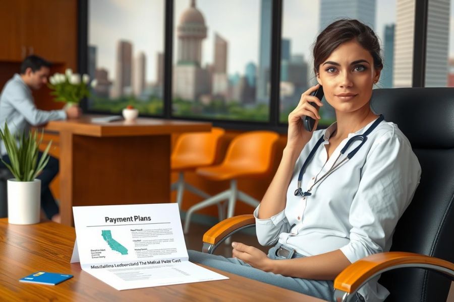 The image depicts a professional office environment with an adult woman seated at her desk, engrossed in paperwork. She is wearing a white blouse and has her hair styled neatly. The desk is well-organized with various items such as papers, a phone, and some office supplies.