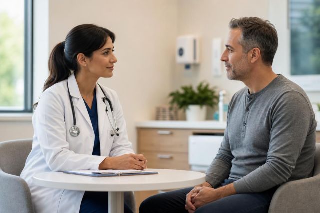 Doctor and patient having a calm consultation in a clinic office discussing care and options.