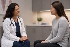 Doctor consulting with patient in a calm clinical exam room, discussing care options and logistics.