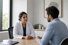 Doctor consulting a male patient in a bright office, discussing treatment or care options.