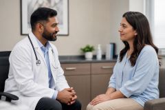 Doctor consulting a patient in a calm clinic office discussing treatment options and care.