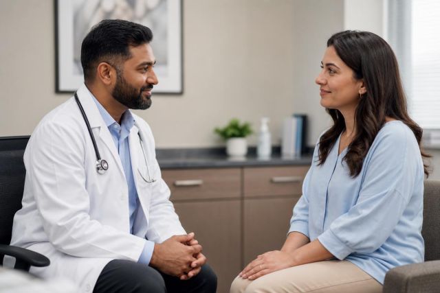 Doctor consulting a patient in a calm clinic office discussing treatment options and care.