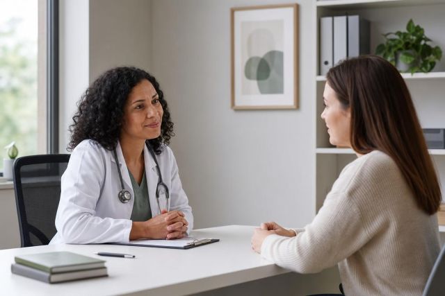 Doctor consulting with patient across desk in a calm clinical consultation room.