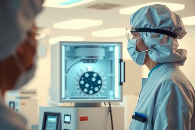 Lab technician in blue scrubs and mask examines a bioreactor with cell cultures inside. Sterile environment, scientific research, biotechnology, lab equipment, medical, biology.