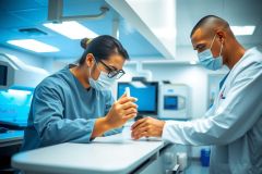 Two medical professionals in lab coats and masks examine a sample. The scene takes place in a sterile lab environment with visible equipment and bright lighting. Focus is on scientific analysis and healthcare procedures.