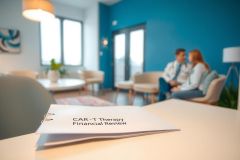 Two people sit on comfortable chairs in a bright, modern therapy room. Soft blue walls, natural light, and a minimalist design create a calming atmosphere. A peaceful setting for counseling or consultation.