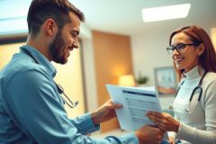 Doctor reviewing patient documents in a medical office. Healthcare professional in a blue shirt and glasses, with a warm and friendly expression. Bright, modern office setting.