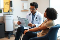 Doctor reviewing paperwork with a patient in a clinic setting. Healthcare professional in white coat discusses documents while the patient listens attentively. Bright, modern medical office environment.
