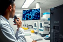 Scientist using a microscope in a lab, analyzing cells. The scene highlights scientific research, microscopy, and laboratory environment with blue and white color tones.