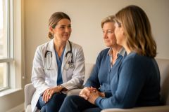 Female clinician in a white coat discussing treatment with an older patient and companion in an exam room.