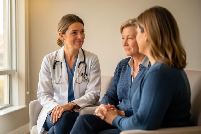 Female clinician in a white coat discussing treatment with an older patient and companion in an exam room.
