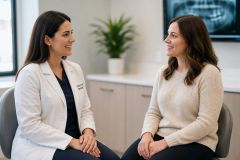Dentist consulting smiling patient in modern dental office with dental X-ray display.