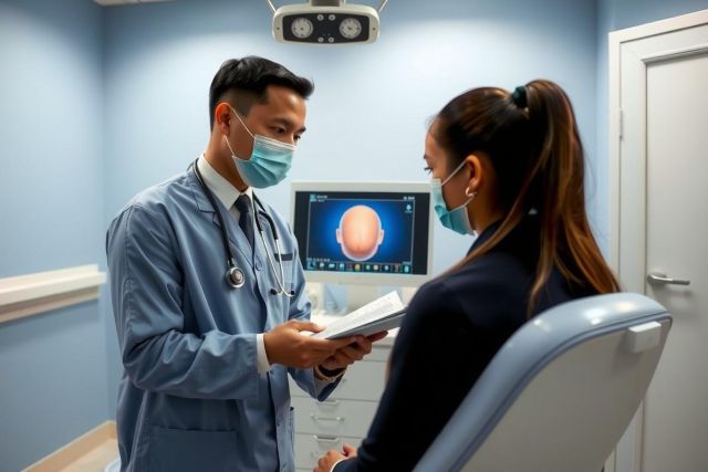 Doctor examining a patient in a bright, blue medical office. He wears a stethoscope and holds papers, suggesting a consultation or review of records. Healthcare setting, patient care, medical professional.