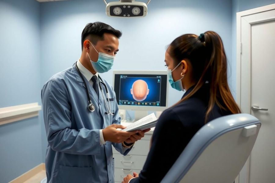 Doctor examining a patient in a bright, blue medical office. He wears a stethoscope and holds papers, suggesting a consultation or review of records. Healthcare setting, patient care, medical professional.