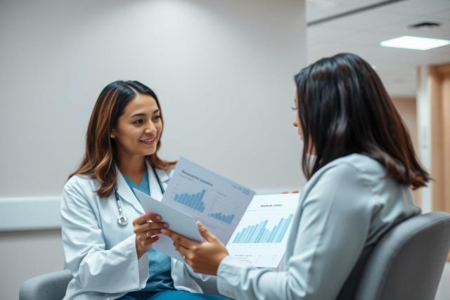 Healthcare professional consults with a patient in a modern clinic. The image depicts a doctor reviewing data with a woman, showcasing a medical consultation in a bright, clean environment. Focus on health, patient care, and medical discussion.
