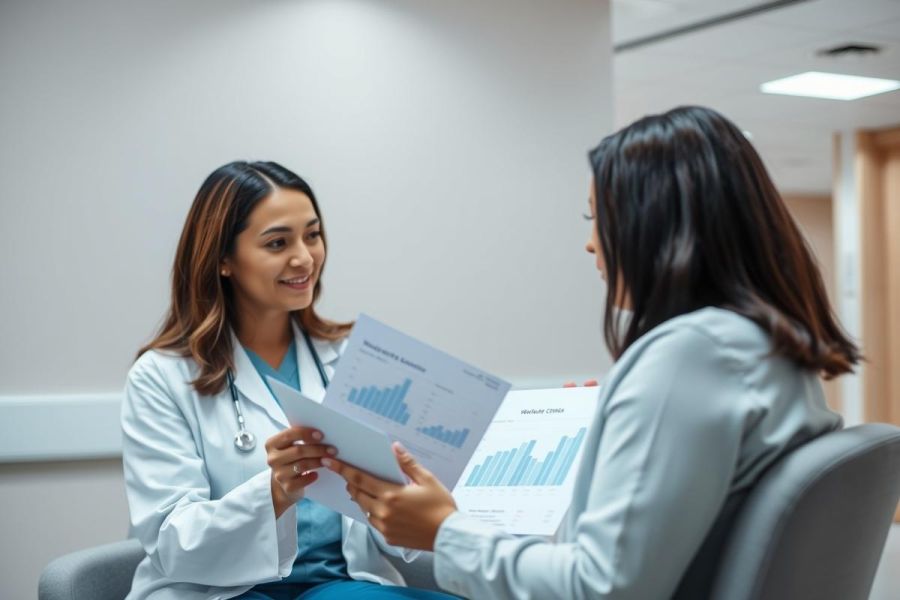 Healthcare professional consults with a patient in a modern clinic. The image depicts a doctor reviewing data with a woman, showcasing a medical consultation in a bright, clean environment. Focus on health, patient care, and medical discussion.