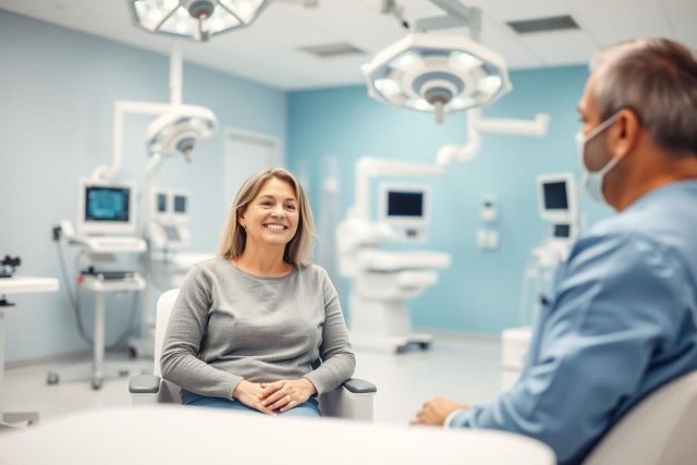 Doctor-patient consultation in a modern, bright blue dental or medical clinic. A smiling woman sits across from a male doctor wearing a mask, surrounded by dental equipment and overhead lights. Healthcare, dentistry, and medical consultation imagery.