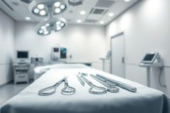 Surgical instruments laid out on a sterile white operating table in a modern operating room. Bright surgical lights illuminate the scene. A clean, clinical environment with medical equipment in the background. Healthcare, surgery, and medical technology concepts.