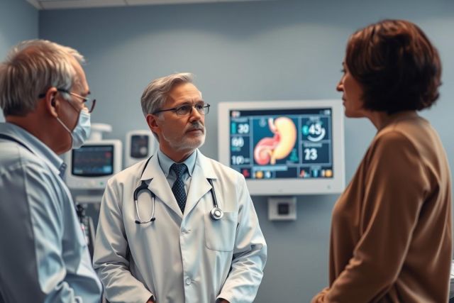 Doctor in a clinical setting discusses medical imaging with patients. Healthcare professionals review a stomach scan on a monitor. Medical consultation, diagnostic imaging, and patient care are key themes.
