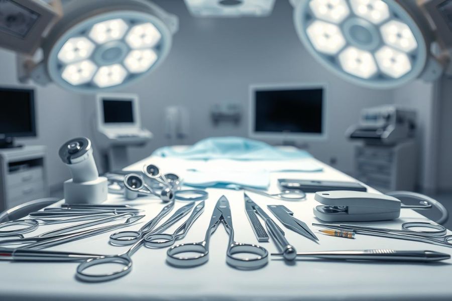 Surgical instruments laid out on a sterile operating room table. Bright overhead lights illuminate the scene, showcasing medical equipment and a blurred surgical bed. A clean, clinical environment with cool blue and silver tones.