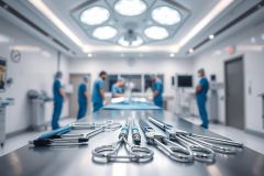 Surgical operating room scene with medical instruments in foreground, blurred surgeons in blue scrubs performing a procedure under bright overhead lights. Sterile environment, focusing on healthcare and surgical tools.