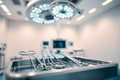 Surgical instruments arranged on a stainless steel tray in a sterile operating room. Bright, focused overhead lights illuminate the scene, creating a clinical, blue-toned atmosphere. A medical monitor is visible in the background. Represents surgery, healthcare, and medical equipment.