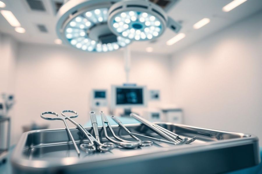 Surgical instruments arranged on a stainless steel tray in a sterile operating room. Bright, focused overhead lights illuminate the scene, creating a clinical, blue-toned atmosphere. A medical monitor is visible in the background. Represents surgery, healthcare, and medical equipment.