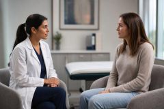 Clinician consulting with patient in a calm exam room discussing treatment options and care planning.