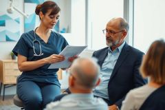A healthcare professional in scrubs presents information to a group, including an older gentleman, in a modern clinic setting. Focus on patient care and consultation.