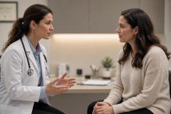 Doctor consulting with patient in a calm clinic office, discussing treatment options and concerns.