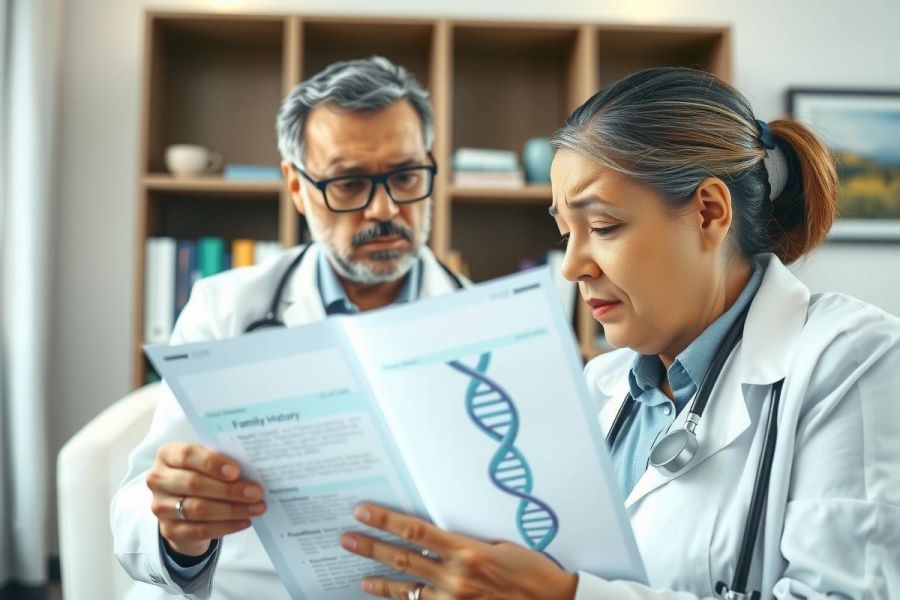 Two doctors in white coats review a medical report, likely discussing patient data or research findings. The scene suggests a healthcare setting with a professional atmosphere.