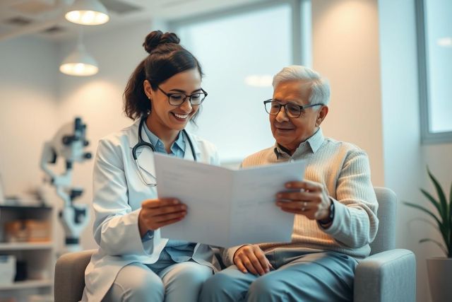 Doctor and senior patient reviewing medical documents in a bright, modern clinic. Image depicts healthcare consultation, patient care, and medical examination. Warm lighting highlights friendly interaction and focus on health records. Keywords: doctor, patient, healthcare, clinic, medical, consultation, senior, health.