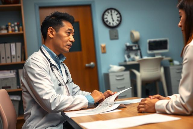 This is a color photograph showing an indoor scene. There is a male doctor wearing a white lab coat and stethoscope, seated behind a desk with his hands holding a folder of documents.