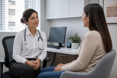 Doctor consulting calmly with patient in modern clinic office, discussing treatment options.