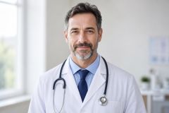 Middle-aged doctor in white coat and stethoscope, clinical office background conveying trustworthy patient care.