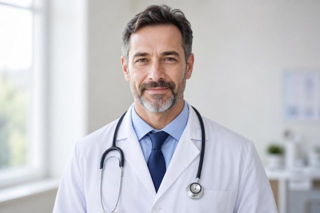 Middle-aged doctor in white coat and stethoscope, clinical office background conveying trustworthy patient care.