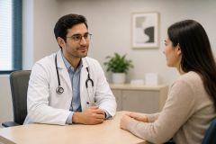 Doctor calmly consulting with a patient in a modern clinic office, conveying professional healthcare discussion.