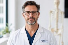 Orthopedic specialist in clinic office with skeleton model, presenting trustworthy professional portrait.