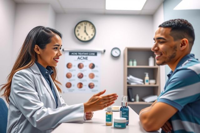 A dermatologist consults with a patient in a clinic setting. The doctor, wearing a white coat, discusses skin concerns while a chart about acne is visible in the background.  The scene portrays a healthcare consultation focused on skin health.