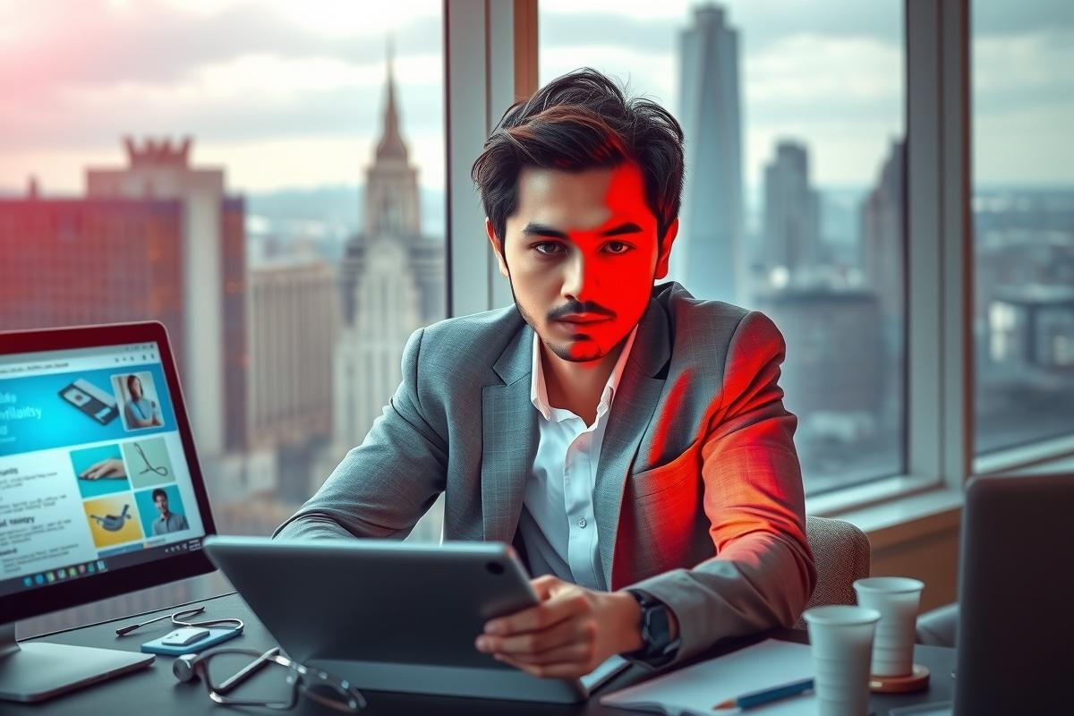 The image features a man sitting at his desk, working on a laptop. He appears to be focused, possibly reviewing documents or emails. The office environment suggests a corporate setting with modern technology being utilized. His attire is business-casual and he has a well-groomed appearance.