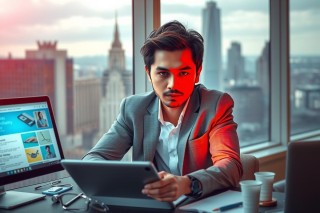 The image features a man sitting at his desk, working on a laptop. He appears to be focused, possibly reviewing documents or emails. The office environment suggests a corporate setting with modern technology being utilized. His attire is business-casual and he has a well-groomed appearance.