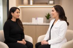 Clinician and patient in a calm cosmetic consultation room discussing treatment options.