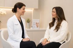 Doctor consulting female patient in a calm cosmetic clinic consultation room, discussing treatment options.