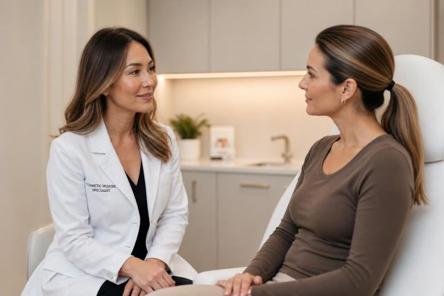 Doctor consulting calmly with a patient in a modern cosmetic clinic consultation room.